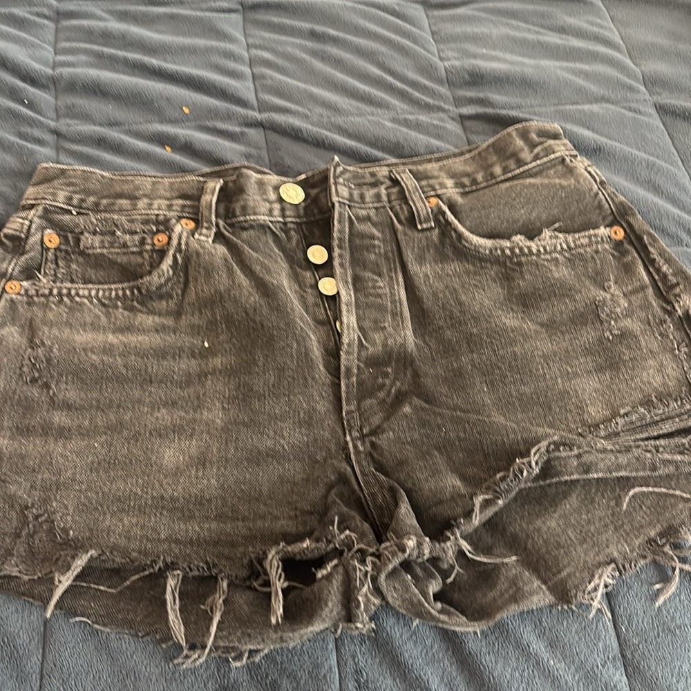 Agolde Light Blue Frayed Hem Jean Shorts
